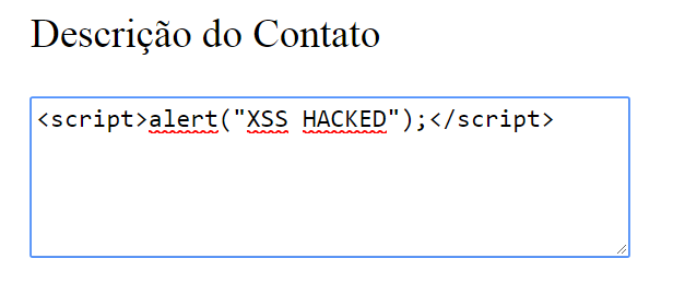 digitando comando alert do JavaScript em formulário de contato